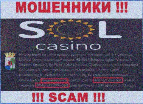 Будьте очень внимательны, зная лицензию на осуществление деятельности Sol Casino с их интернет-портала, избежать незаконных действий не удастся - это ВОРЮГИ !!!