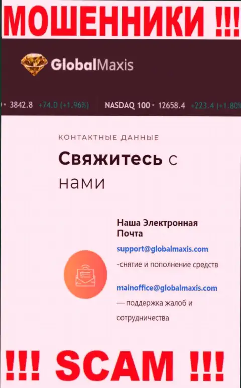 Адрес электронного ящика internet мошенников Global Maxis, который они показали у себя на официальном веб-сервисе