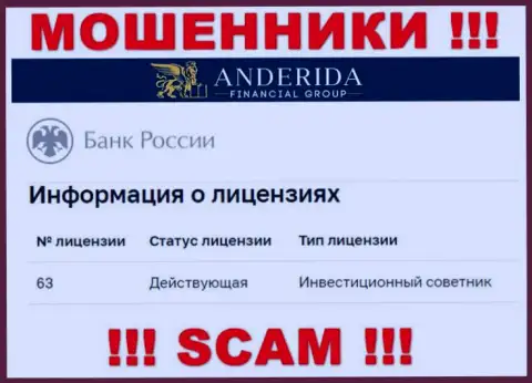 Anderida говорят, что имеют лицензию от Центрального Банка России (данные с сайта мошенников)