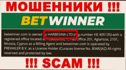 Мошенники БетВиннер Ком пишут, что именно HARBESINA LTD управляет их разводняком