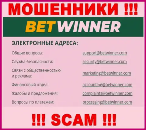 На web-сайте обманщиков Bet Winner размещен их адрес электронной почты, но писать не стоит