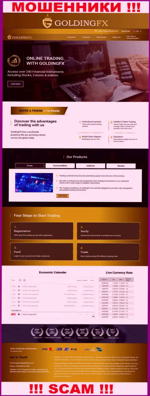 Официальный сайт мошенников Golding FX, переполненный информацией для лохов