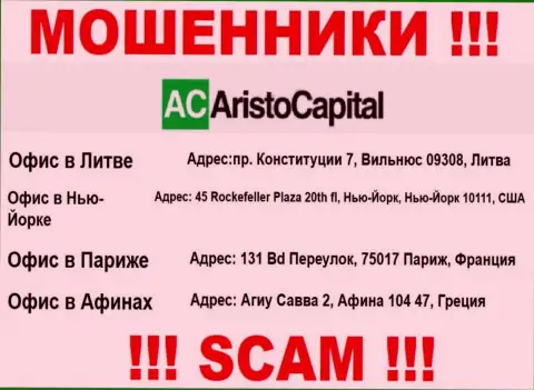 В интернет сети и на web-ресурсе кидал АристоКапитал нет реальной информации о их адресе