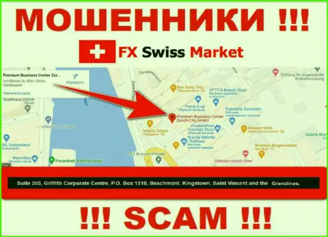 Компания FX SwissMarket указывает на интернет-сервисе, что расположены они в офшорной зоне, по адресу: Suite 305, Griffith Corporate Centre, P.O. Box 1510,Beachmont Kingstown, Saint Vincent and the Grenadines