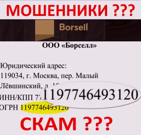 Номер регистрации незаконно действующей конторы Borsell - 1197746493120