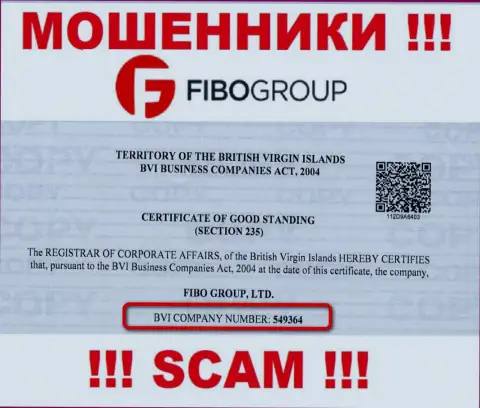 На интернет-ресурсе мошенников Fibo Group указан именно этот номер регистрации указанной организации: 549364